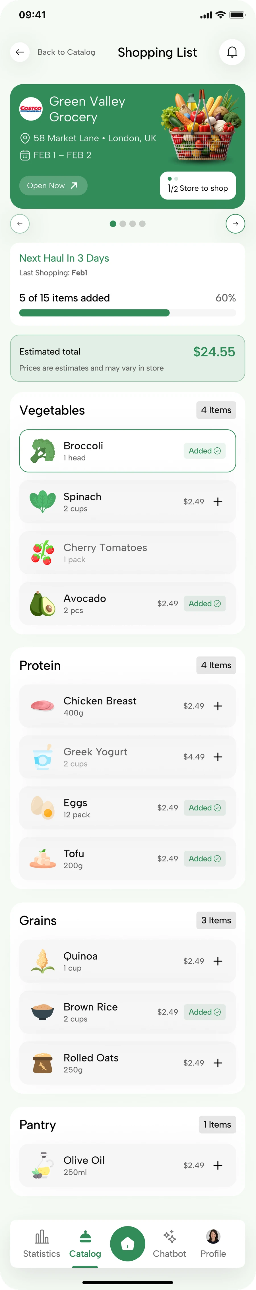 The Nutrinity smart shopping list, grouped by aisle with quantities, prices, and an estimated weekly total