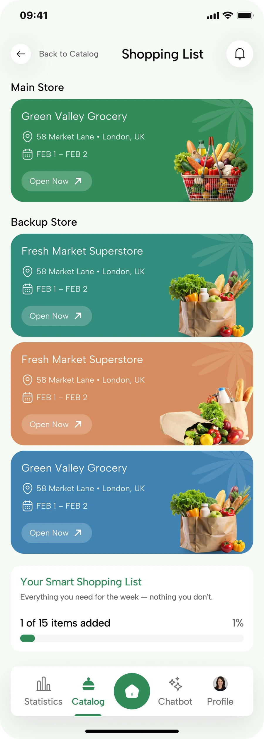 The Nutrinity app showing your ranked stores for the week, each with its hours and distance
