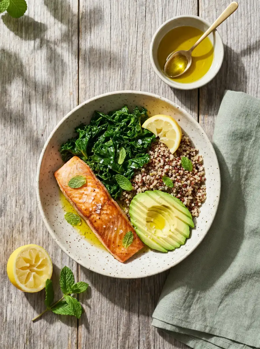 The finished Tuesday lunch bowl: salmon, kale, quinoa, avocado, lemon and olive oil